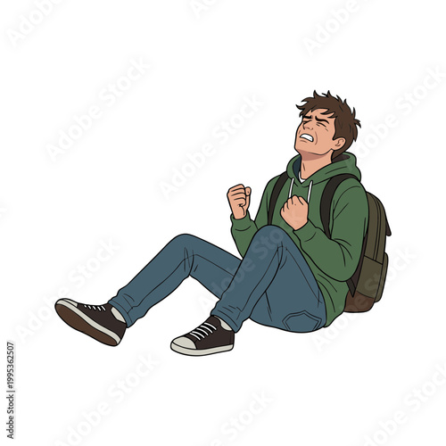 Angrily shouting young man sits on ground with clenched fists and backpack