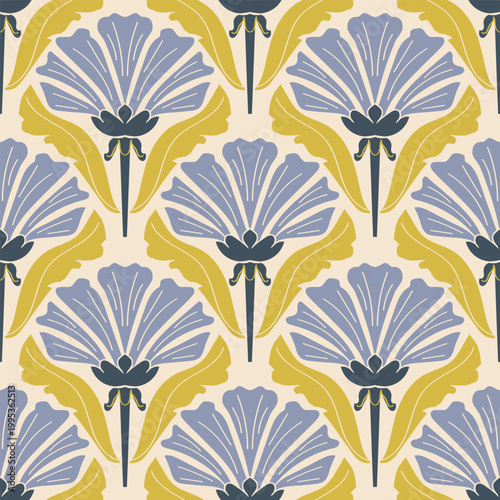 Retro seamless floral pattern from the 50s and 60s. Seamless abstract Vintage background in sixties style. Abstract geometric and floral patterns. Vector	
