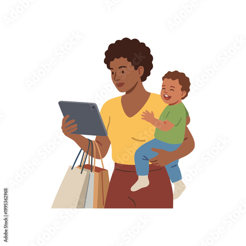 A woman holding a tablet and shopping bags with a toddler on her hip