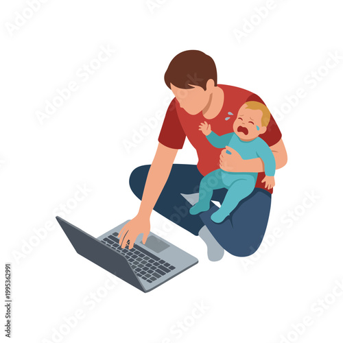 Father working on laptop while holding crying baby indoors