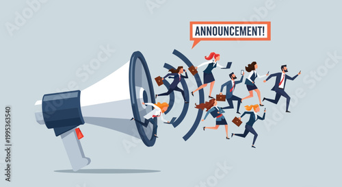 People emerging from megaphone with announcement concept illustration
