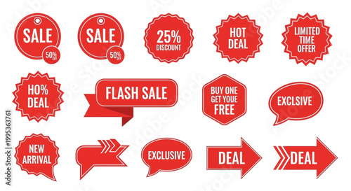 Red sale badges and labels for promotions and discounts isolated