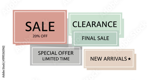 Sale and clearance graphics with promotional text for commercial purposes