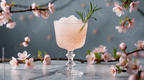 Sophisticated peach beverage punch in crystal cocktail glass set on marble display with cherry blossom floral poster inspired decor elements
