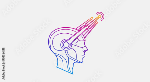 Stylized human head with futuristic brain interface broadcasting digital intelligence and advanced