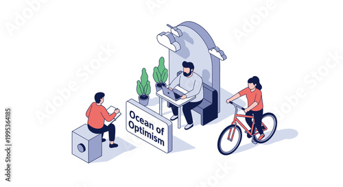 Isometric illustration of people in a scene of optimism and activity.