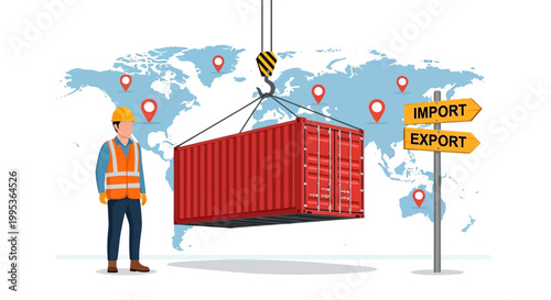 Illustration of a warehouse worker handling a red shipping container with a world map and import export sign in the background.
