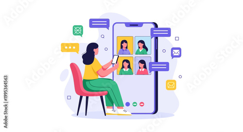 Illustration of a woman video chatting on a giant smartphone with multiple participants in a colorful and modern setting.