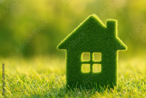 Hopeful green eco house on grass symbolizes sustainable living concept. This home in nature, bathed in soft sunlight, represents positive future and clean energy
