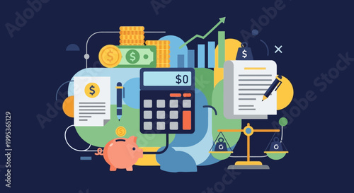 Calculator with financial documents and piggy bank.