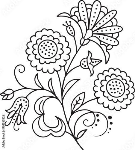 Mexican Floral Bouquet Line Art. Cinco de Mayo Outline Flowers Vector Design for Decoration