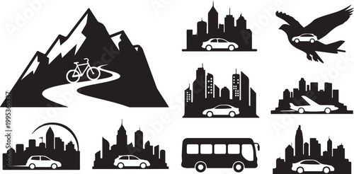 City and mountain transportation icons in black silhouette