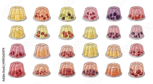 Jellies in multiple vibrant fruit flavors sit in a clean grid formation.