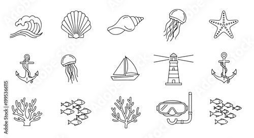 Minimalist nautical line icons set, 15 ocean life and maritime vector elements, black and white sea symbols for summer travel and beach branding