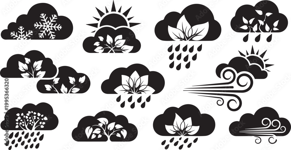 Fototapeta premium Weather icons with clouds and various conditions shown