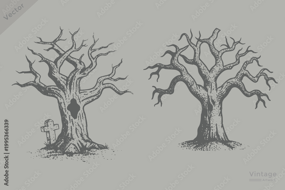 Fototapeta premium hand drawn Halloween dead tree collection illustration. Vintage engraving style dead tree perfect for Halloween design.