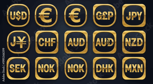 Golden currency symbols on black.