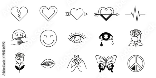 Abstract illustration set hearts flowers butterfly peace symbol isolated on black