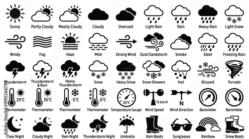 Weather icons set, meteorology and climate symbols collection, sun, clouds, rain, snow, thunderstorm, wind, tornado, fog, thermometer, barometer, temperature gauge, forecast graphics, black vector.