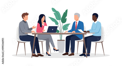 Illustration of a diverse business team collaborating around a table with a laptop and notes in a modern office setting.