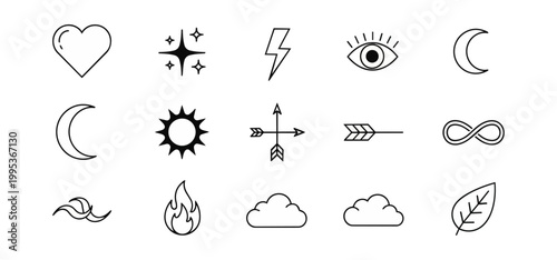 Abstract icon set of various symbols on black background