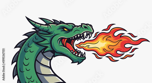 Green dragon breathing fire cartoon vector illustration isolated white background