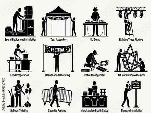 Festival, event, concert, music festival, vector icons, 12 illustrations, festival preparation, event setup, music event, festival management