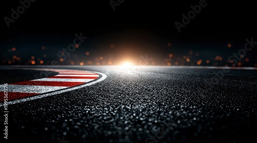 Curved asphalt racetrack turn with red and white curbing at night under dramatic stadium lights featuring high contrast and professional sports racing atmosphere