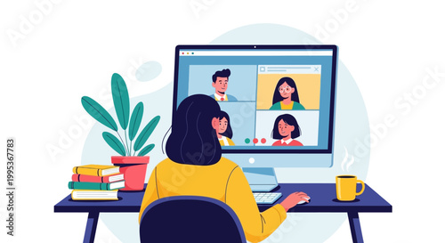 Illustration of a woman video conferencing with colleagues on her computer in a home office setting.