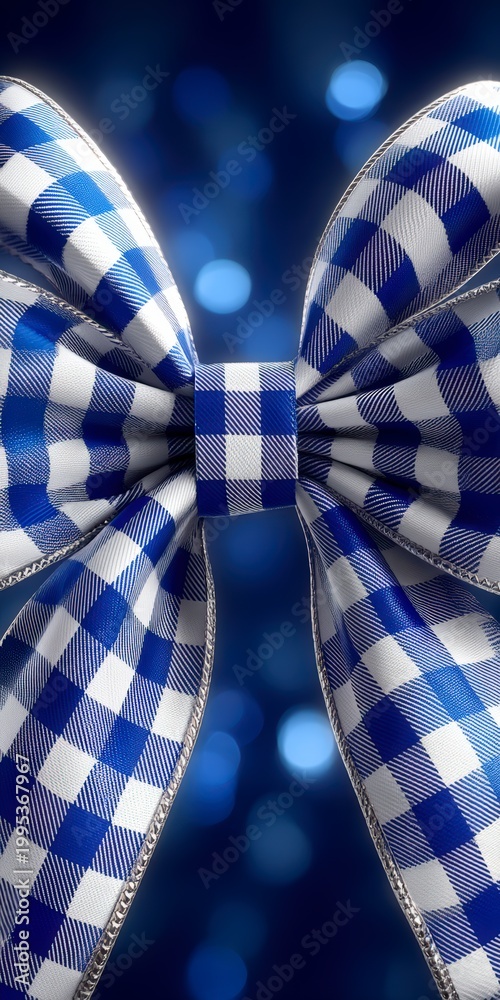 Obraz premium Elegant royal blue and white gingham fabric bow isolated on dark blue background with soft bokeh sparkles for festive celebration and gift wrapping concepts