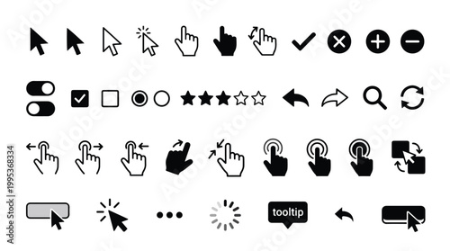 Mouse cursor and hand gesture icons set, UI UX interface elements collection, touch screen signs, click, swipe, pinch, drag, toggle switch, checkbox, radio button, star rating, search, refresh, undo