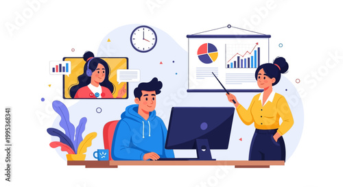 Flat illustration of a businesswoman presenting a pie chart to colleagues in a modern office setting with a vibrant and professional mood.