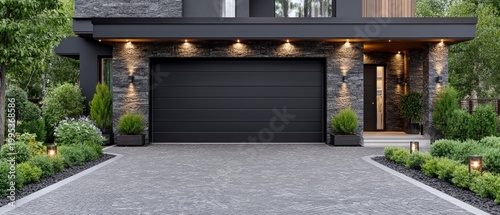 Modern luxury house exterior with black garage door and stone facade illuminated by warm wall lights in landscaped garden at dusk for real estate photography