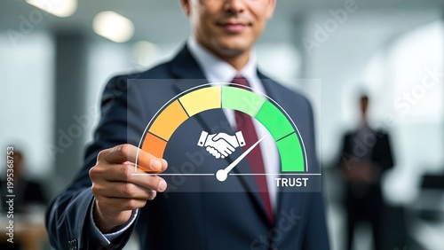 Digital trust partnership displayed by businessman in contemporary office infographic