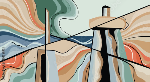 Abstract coastal landscape vector illustration, geometric beach scenery with ocean waves, modern cubist sea art in earthy sand and blue tones