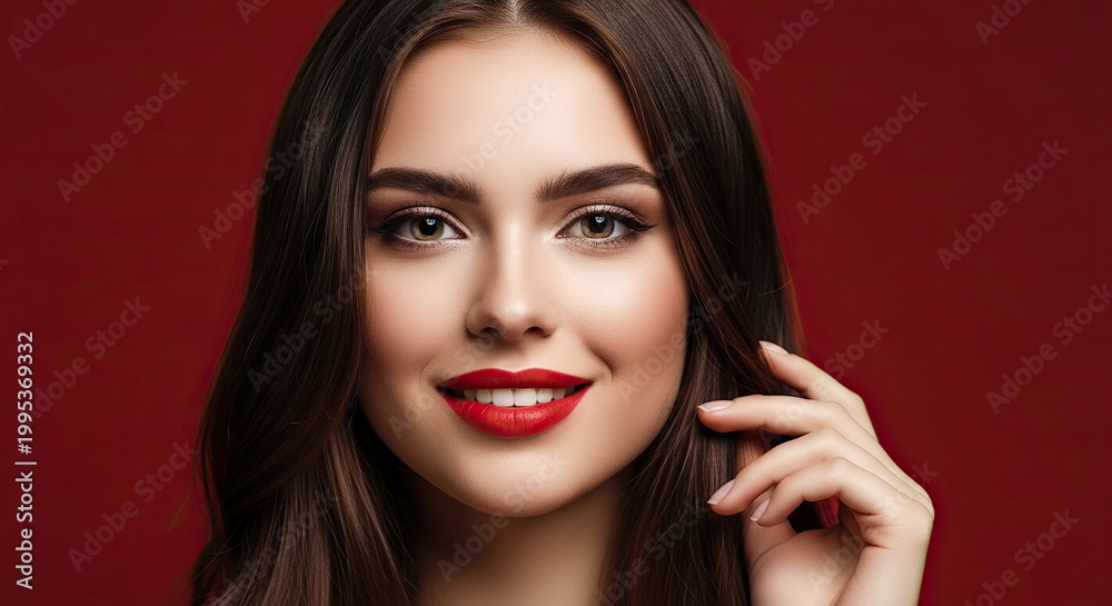 Fototapeta premium Portrait of a beautiful, smiling woman looking at the camera against a solid color background.