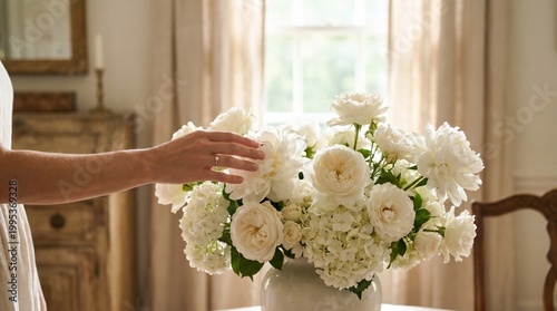 Elegant floral arrangement with a touch of human interaction in bright room.