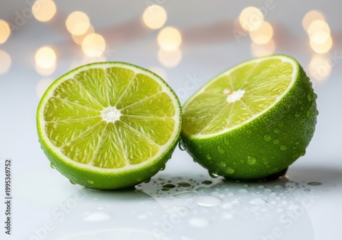A vibrant lime cut in half on a white surface with water droplets