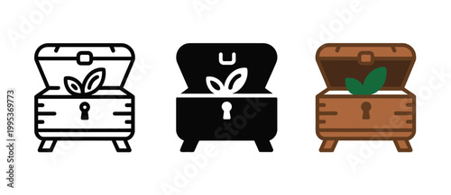 Colorful treasure chests vector, botanical leaf pattern design with linear solid and flat style variations fantasy decorative storage concept illustration