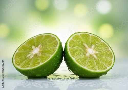 A vibrant lime cut in half on a reflective surface with a green background