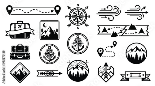 Travel and adventure icon set, outdoor exploration logos, mountain landscape badges, compass rose symbols, nautical anchor signs, map route pins, vintage suitcase icons, wind arrow elements - vector