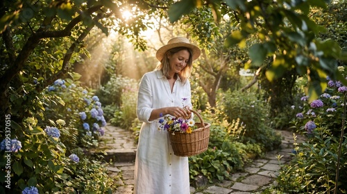 Woman in white dress and straw hat in lush garden.