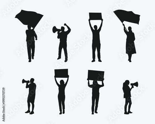 Silhouette set of protesters holding banner, waving flag, and use megaphone. Vector illustration.
