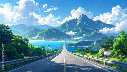 Animated vista of a coastal road stretching towards mountains under a bright blue sky with fluffy white clouds, greenery, and ocean