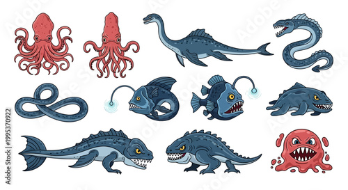 Sea monsters collection depicts various mythical aquatic beasts in.