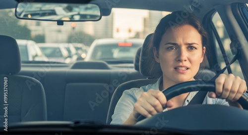 Worried woman driving car in traffic, looking stressed.