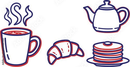 A charming hand drawn illustration depicts a delightful breakfast scene with coffee a teapot croissant and pancakes