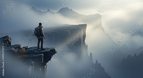 Man on a cliff edge overlooking a misty mountain landscape.