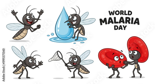 A set of malaria awareness illustrations depicts cartoon mosquitoes in various scenarios, including interacting with a water droplet and red blood cells, set against a clean white
