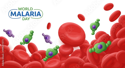 World Malaria Day is displayed alongside red blood cells and malaria parasites in a vector illustration, highlighting mosquito bite prevention and disease prevention in this public health